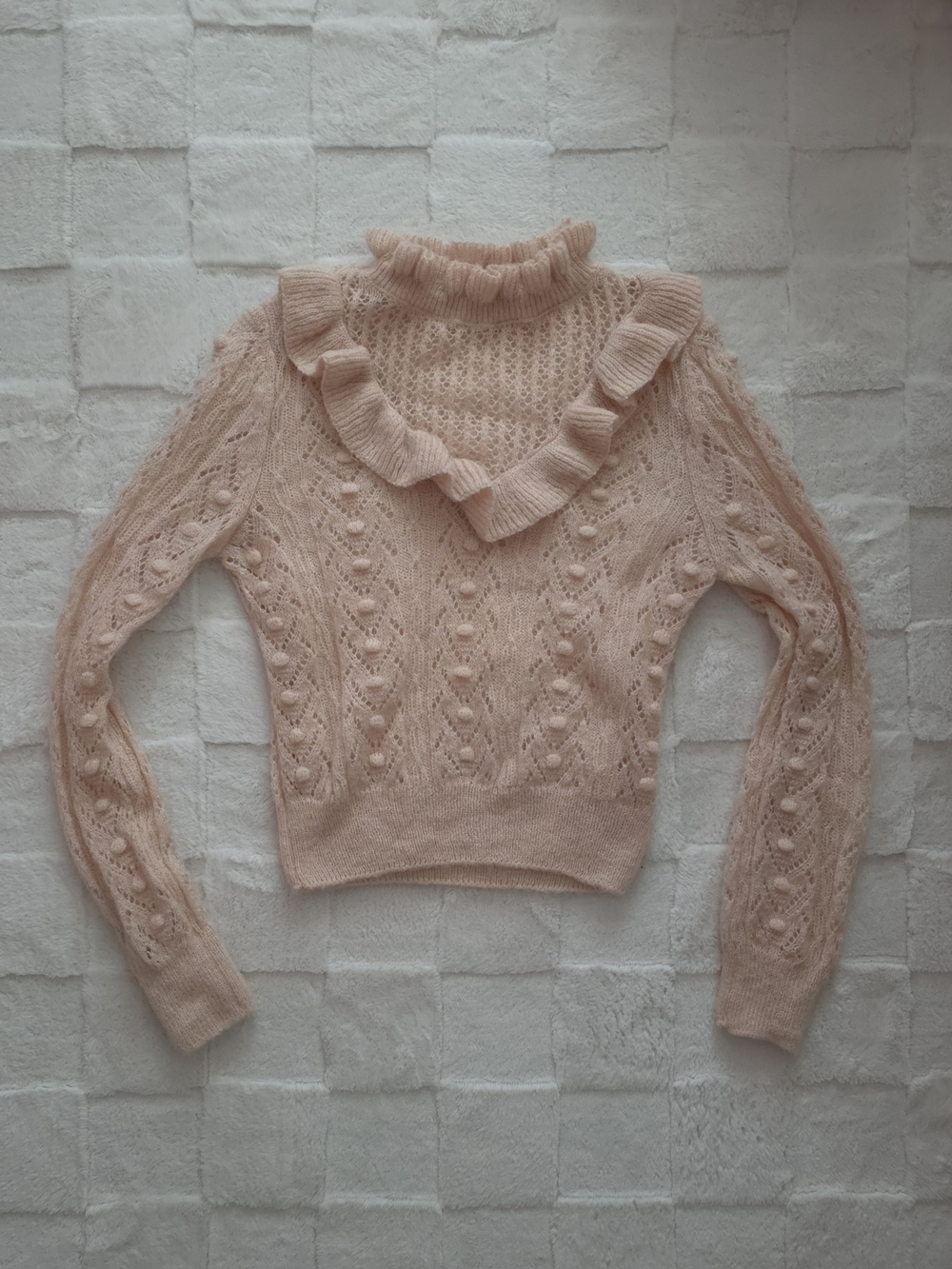 Zara Ruffled Mock Neck Knit Sweater in Blush Pink
